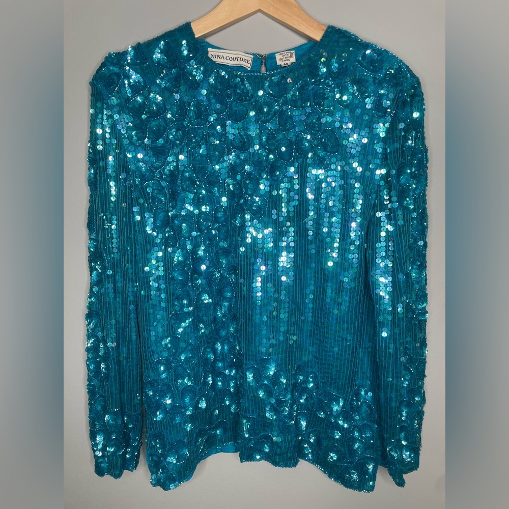 VTG 90's/Y2K Nina Couture Teal/Turquoise Silk Sequin Embellished Blouse